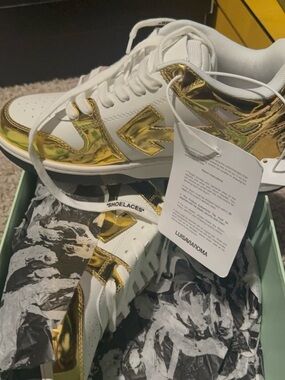 Off-White Out of Office White and Gold Low-Top Athletic Sneakers